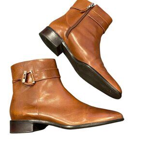 Talbots Leather Ankle Boots Tan/Cognac Brown Size 7-1/2B Low Heel Side Zip 316E